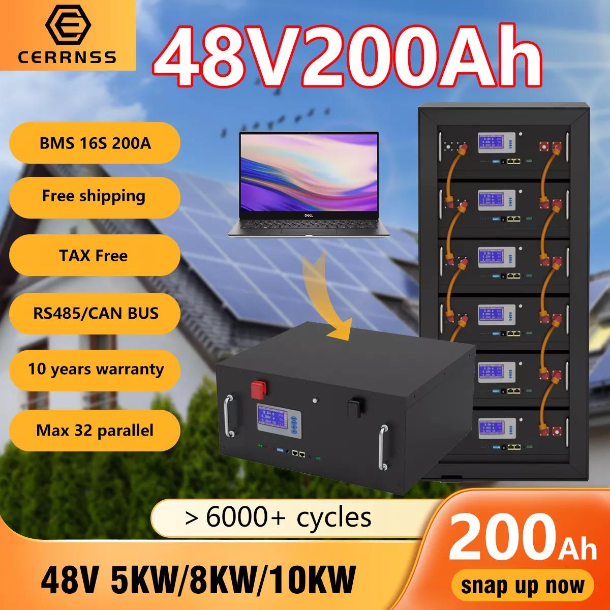 48V 200AH 10KW LiFePO4 Battery Pack 100AH Lithium Battery 6000+ Cycles Max 32 Parallel RS485 CAN For Solar Off/On Grid Inverter