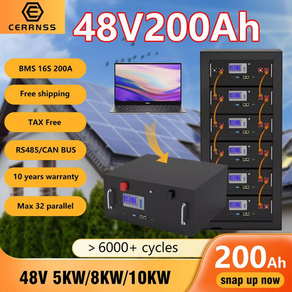 48V 200AH 10KW LiFePO4 Battery Pack 100AH Lithium Battery 6000+ Cycles Max 32 Parallel RS485 CAN For Solar Off/On Grid Inverter