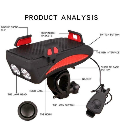 5 IN 1 Led Bicycle Light Front - USB Rechargeable Solar Horn Phone Holder bicycle Lamp 4000mAh Flashlight for Bike Light Lantern