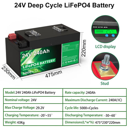 24V 240Ah 200Ah LiFePO4 Battery Pack - 25.6V 6144Wh 5000+ Cycle 100% Full Capacity Built-in 8S 200A BMS With Bluetooth EU NO TAX