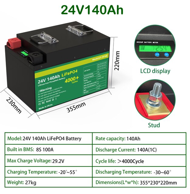 24V 200AH LiFePO4 Battery Pack 300Ah Lithium Solar Battery Grand A Cells Built-in BMS 4000+ Cycle For RV Boat NO TAX LiFePO4 48V
