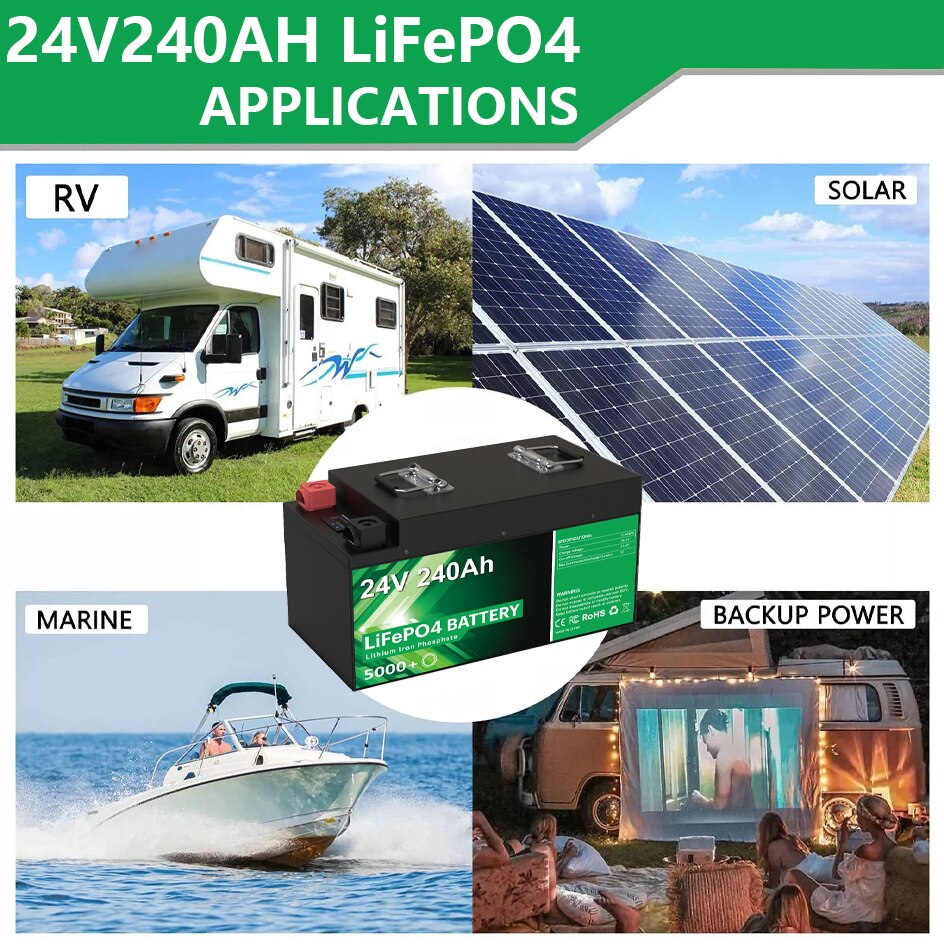 24V 240Ah 200Ah LiFePO4 Battery Pack - 25.6V 6144Wh 5000+ Cycle 100% Full Capacity Built-in 8S 200A BMS With Bluetooth EU NO TAX