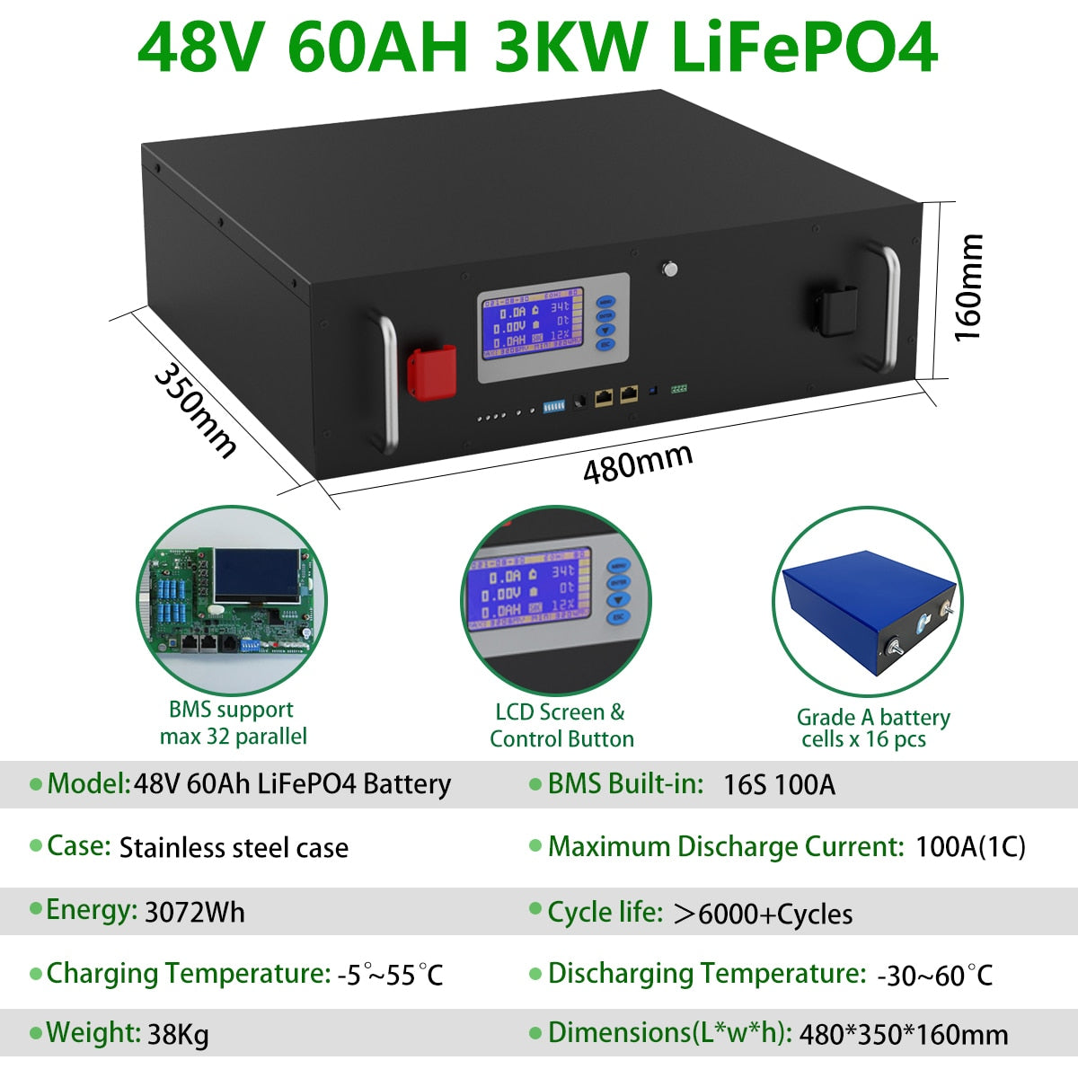 48V 200AH 10KW LiFePO4 Battery Pack 100AH Lithium Battery 6000+ Cycles Max 32 Parallel RS485 CAN For Solar Off/On Grid Inverter