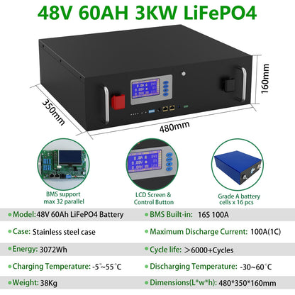 48V 200AH 10KW LiFePO4 Battery Pack 100AH Lithium Battery 6000+ Cycles Max 32 Parallel RS485 CAN For Solar Off/On Grid Inverter
