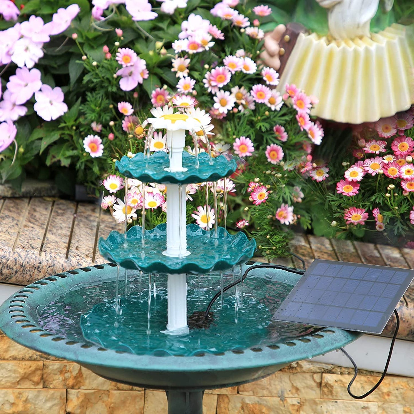 3 Tiered Bird Bath with 3W Solar Pump - DIY Solar Fountain Detachable and Suitable for Bird Bath. Garden Decoration