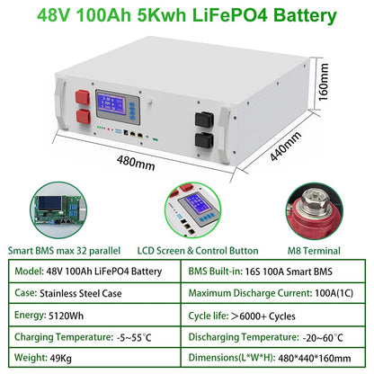 48V LiFePO4 100Ah 5120Wh Battery Pack - 16S 100A BMS CAN RS485 BUS PC Monitor 6000 Cycles Life 10 Years Warranty
