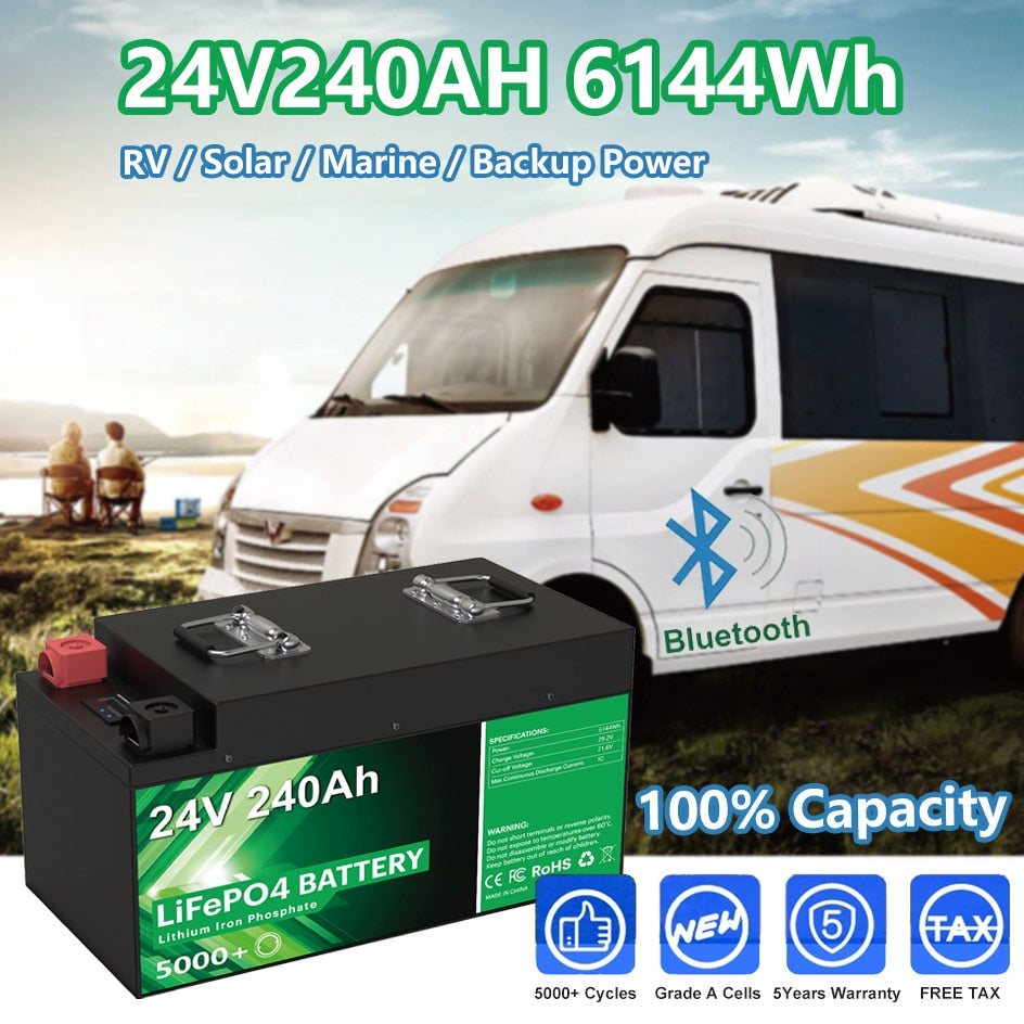 24V 240Ah 200Ah LiFePO4 Battery Pack - 25.6V 6144Wh 5000+ Cycle 100% Full Capacity Built-in 8S 200A BMS With Bluetooth EU NO TAX