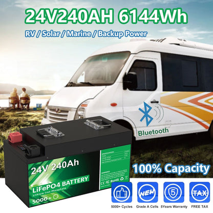 24V 240Ah 200Ah LiFePO4 Battery Pack - 25.6V 6144Wh 5000+ Cycle 100% Full Capacity Built-in 8S 200A BMS With Bluetooth EU NO TAX