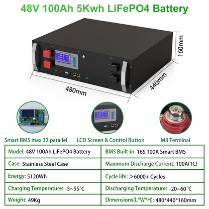 48V 300Ah LiFePO4 AKKU Battery Pack - 15Kw 6000+ Cycle RS485/CAN PC Monitor 16S BMS 51.2V 100Ah 200Ah For Off/On Gird Solar System