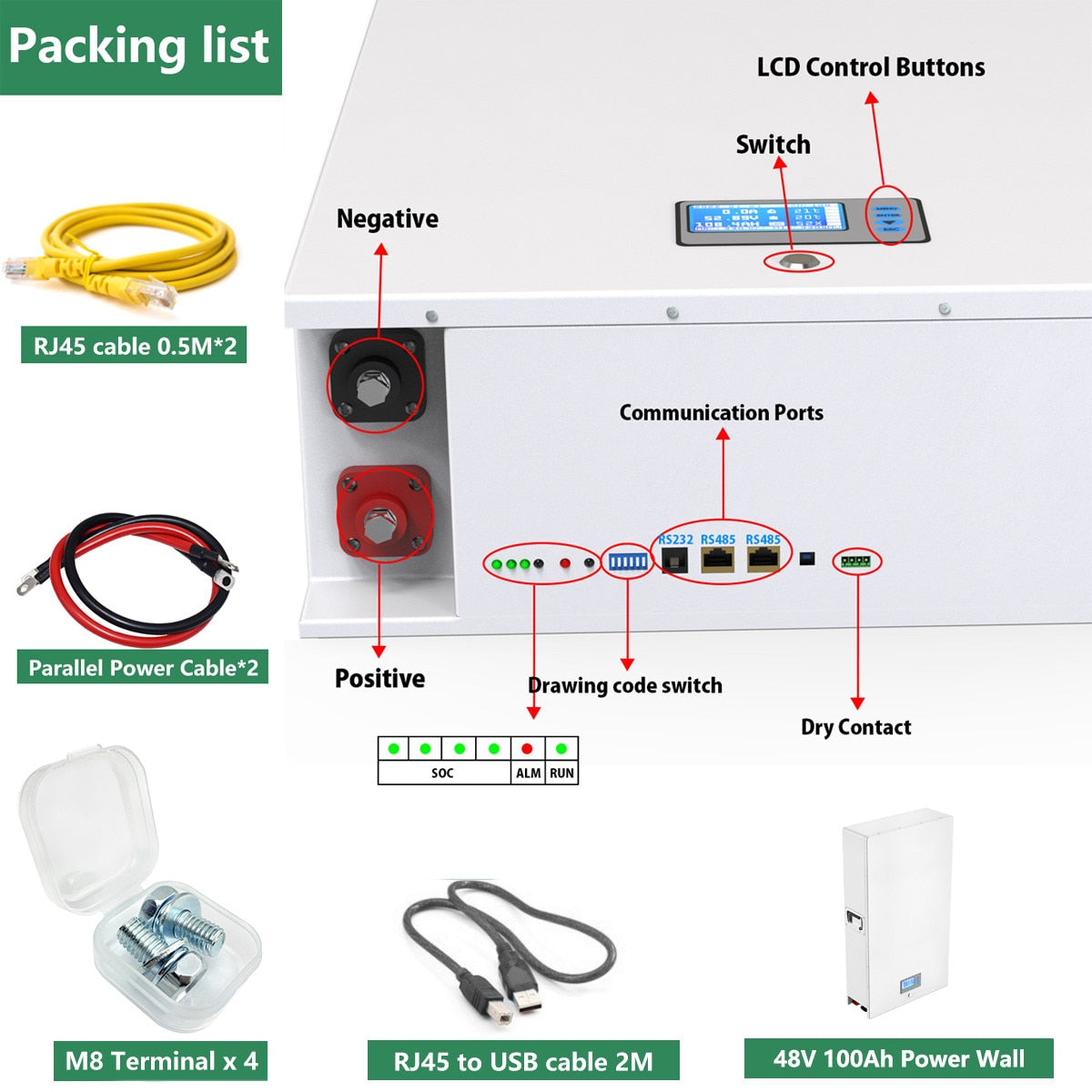 LiFePO4 48V 200AH Powerwall Battery - 10KW Lithium Solar Battery 6000+ Cycle Max 32 Parallel Compatible With Inverter 48V LiFePO4