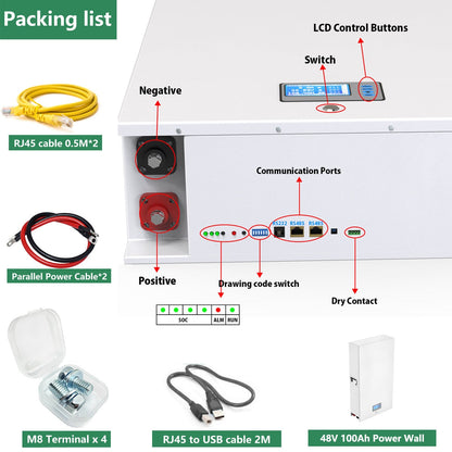 48V 10KW 200AH Powerwall LiFePO4 Battery Pack - Lithium Battery 6000+ Cycles Max 32 Parallel RS485 CAN Communication For Inverter