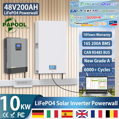 48V 200Ah Powerwall - 10Kwh LiFePO4 Battery Built-in 200A BMS CAN RS485 51.2V 6000+ Cycles 10 Years Warranty For Solar Off/On-Grid