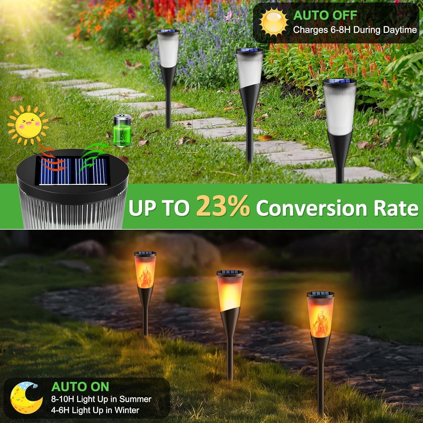 4 Pack Solar Torch Lights Outdoor Garden with Dancing Flames. Waterproof Auto On-Off. 2 Lighting Modes. IP65 Torch Decorations for Yard. Patio. Lawn