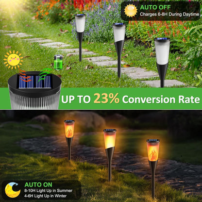 4 Pack Solar Torch Lights Outdoor Garden with Dancing Flames. Waterproof Auto On-Off. 2 Lighting Modes. IP65 Torch Decorations for Yard. Patio. Lawn