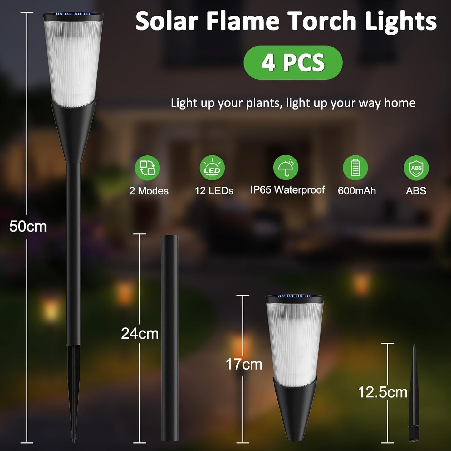 4 Pack Solar Torch Lights Outdoor Garden with Dancing Flames. Waterproof Auto On-Off. 2 Lighting Modes. IP65 Torch Decorations for Yard. Patio. Lawn