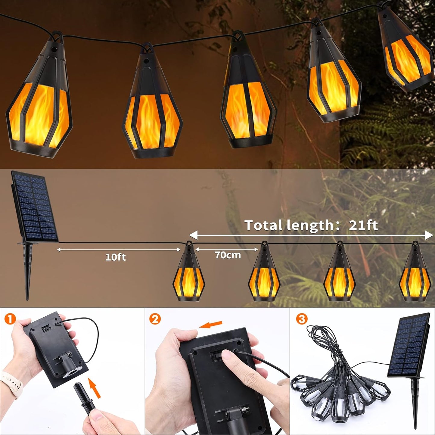 Solar Lights Outdoor Garden – 6.3M 10 Bulbs String Lights – Waterproof Flickering Dancing Flame Fairy Lights – Solar Powered for Yard. Patio. Fence. Tree. Party. Halloween