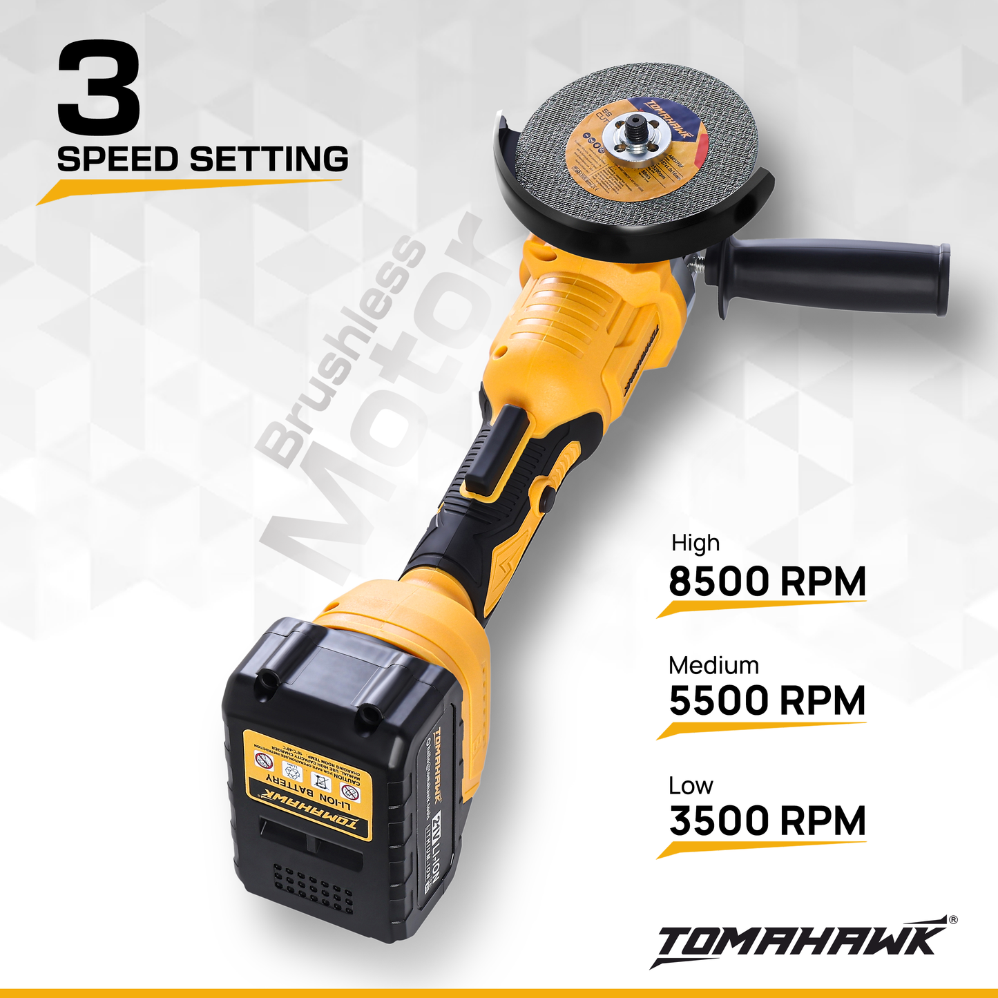 Angle Grinder - 20V Cordless 8500 Rpm Brushless Motor 3.0Ah Li-Ion Adjustable Speed - TAG-1155