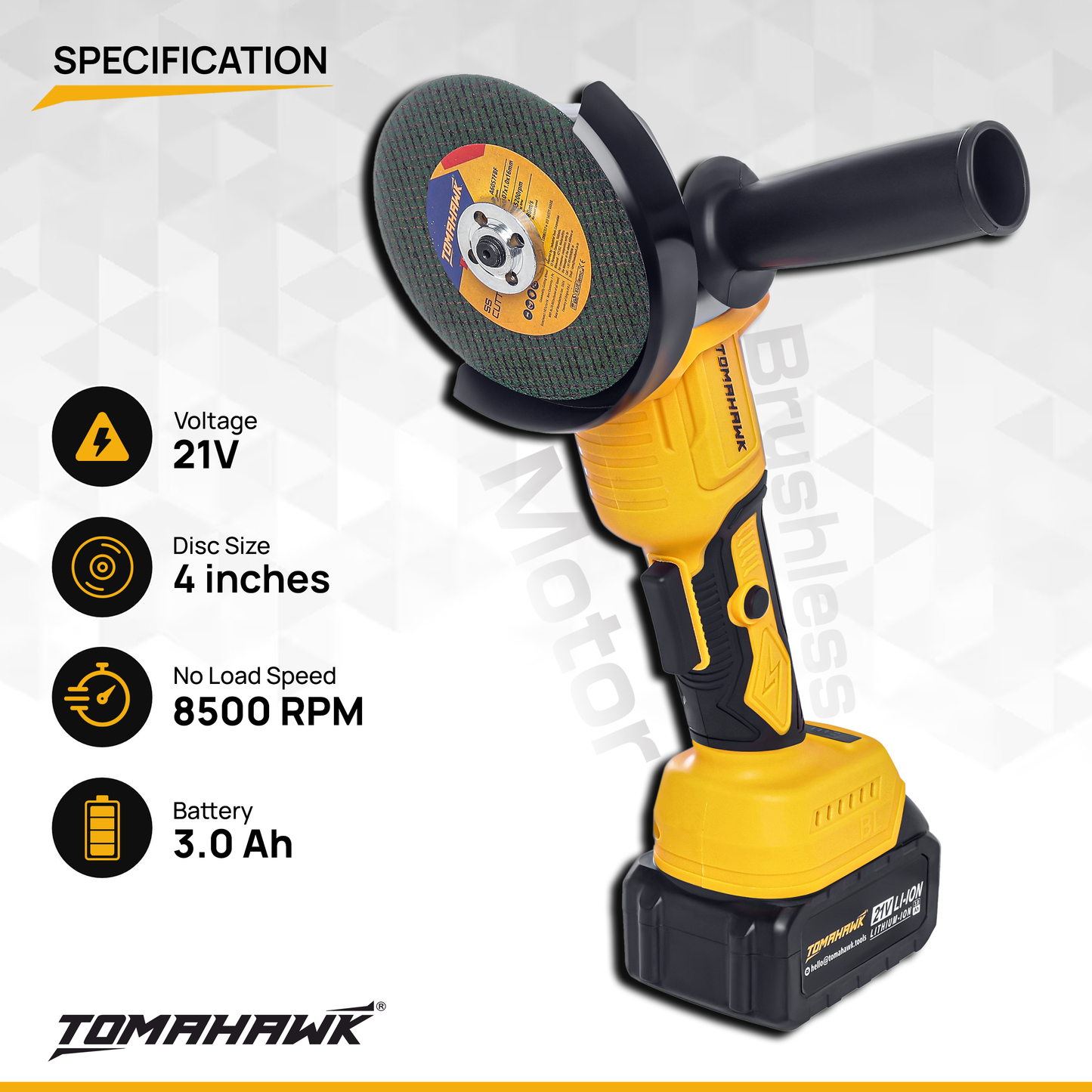 Angle Grinder - 20V Cordless 8500 Rpm Brushless Motor 3.0Ah Li-Ion Adjustable Speed - TAG-1155