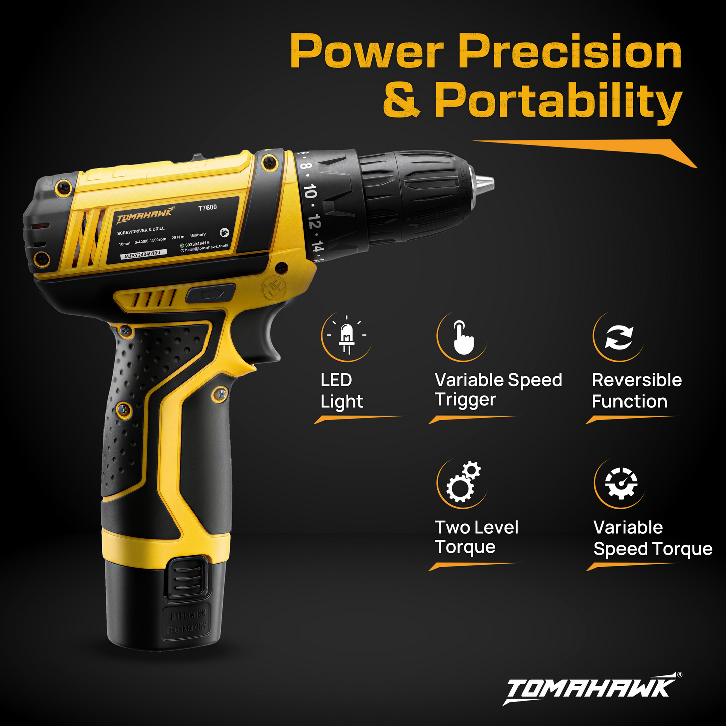 12V 10mm Cordless Screwdriver & Drill Set of 25pcs. T7600