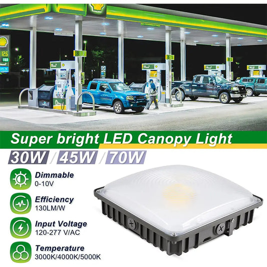 70W/45W/30W Power Selectable LED Canopy Garage Light with 3CCT (3500K/4000K/5000K). LED Parking Garage Lights-AC 90-277V IP65 Commercial Residential Lights