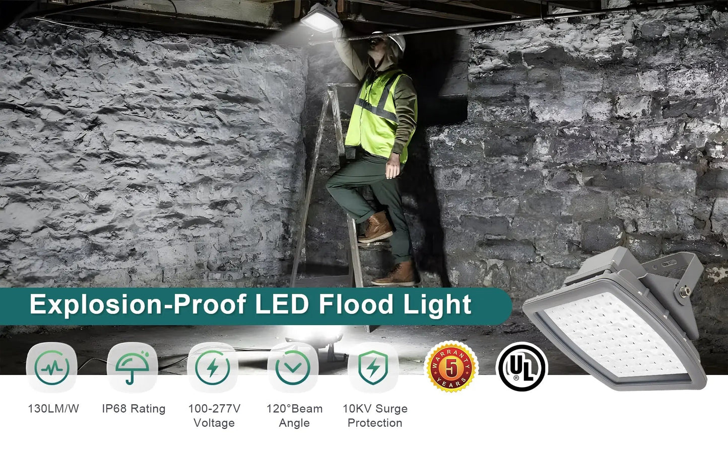 100W Explosion Proof LED Flood Light. Class I Division 2. 13.000 Lumens. 5000K. 100-277V