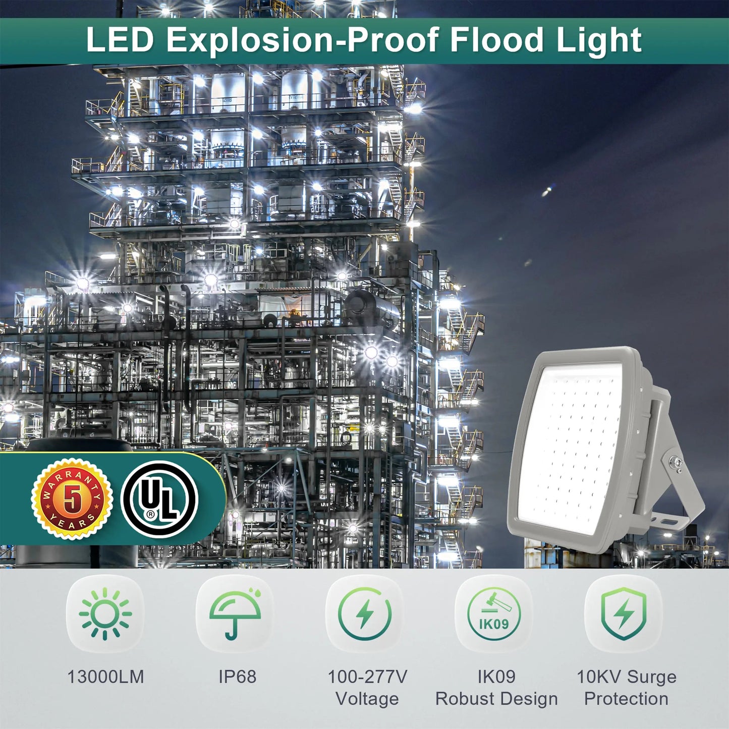 100W Explosion Proof LED Flood Light. Class I Division 2. 13.000 Lumens. 5000K. 100-277V
