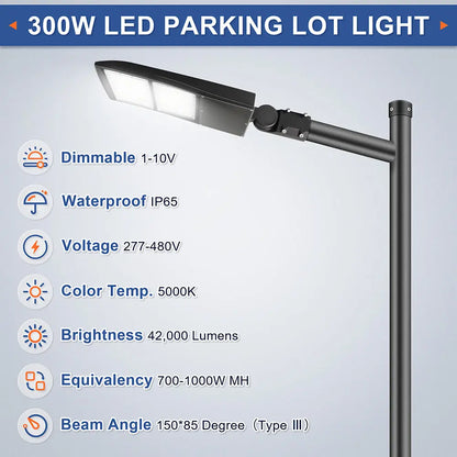 300W LED Parking Lot Light-High Voltage Area Light-AC 277~480V-42.000 Lumens-CCT 5000K-1000W MH Equivalent-UL+DLC 5.1