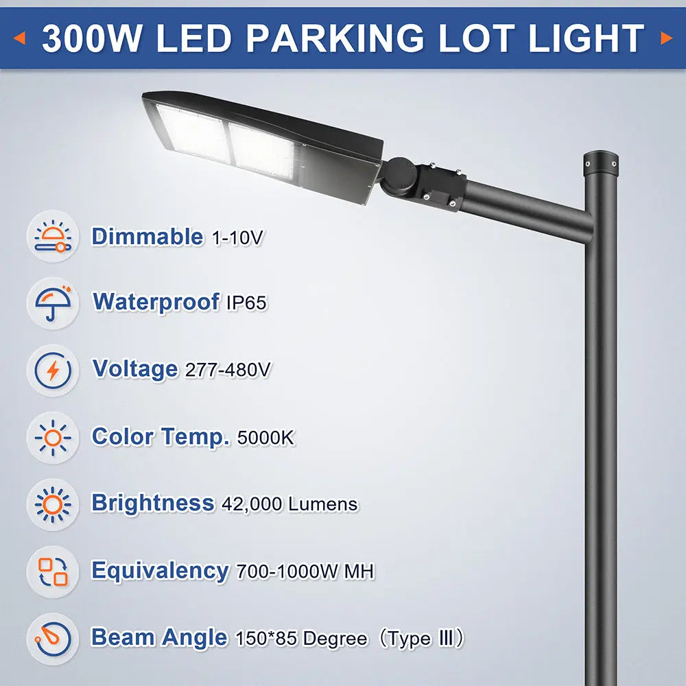 300W LED Parking Lot Light-High Voltage Area Light-AC 277~480V-42.000 Lumens-CCT 5000K-1000W MH Equivalent-UL+DLC 5.1