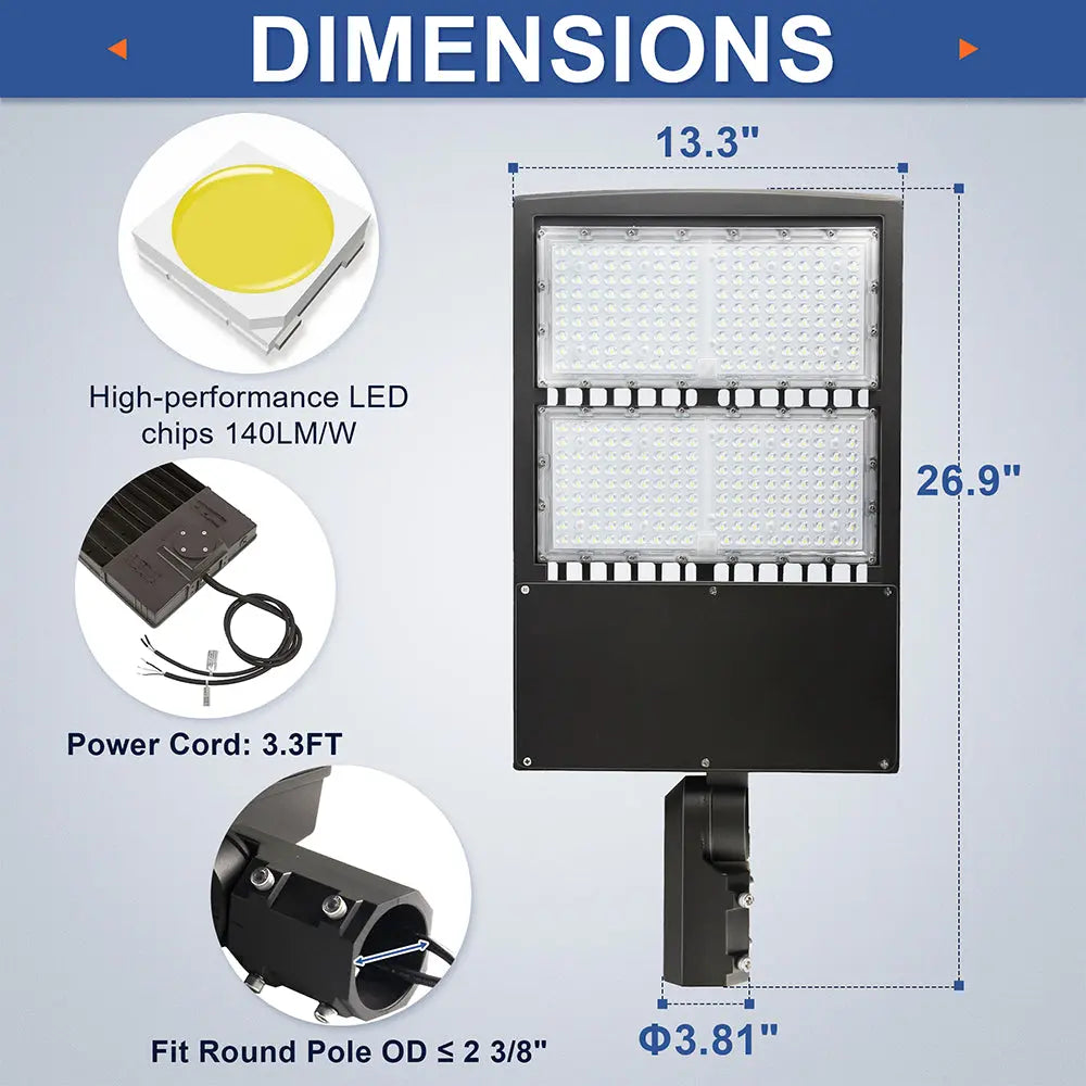 300W LED Parking Lot Light-High Voltage Area Light-AC 277~480V-42.000 Lumens-CCT 5000K-1000W MH Equivalent-UL+DLC 5.1