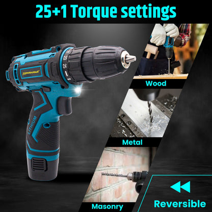 Cordless Drill/Screwdriver - 12V. 2-Speed. 1.5Ah Single Battery. 10mm Keyless Chuck - T9130