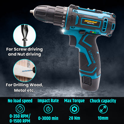 Cordless Drill/Screwdriver - 12V. 2-Speed. 1.5Ah Single Battery. 10mm Keyless Chuck - T9130