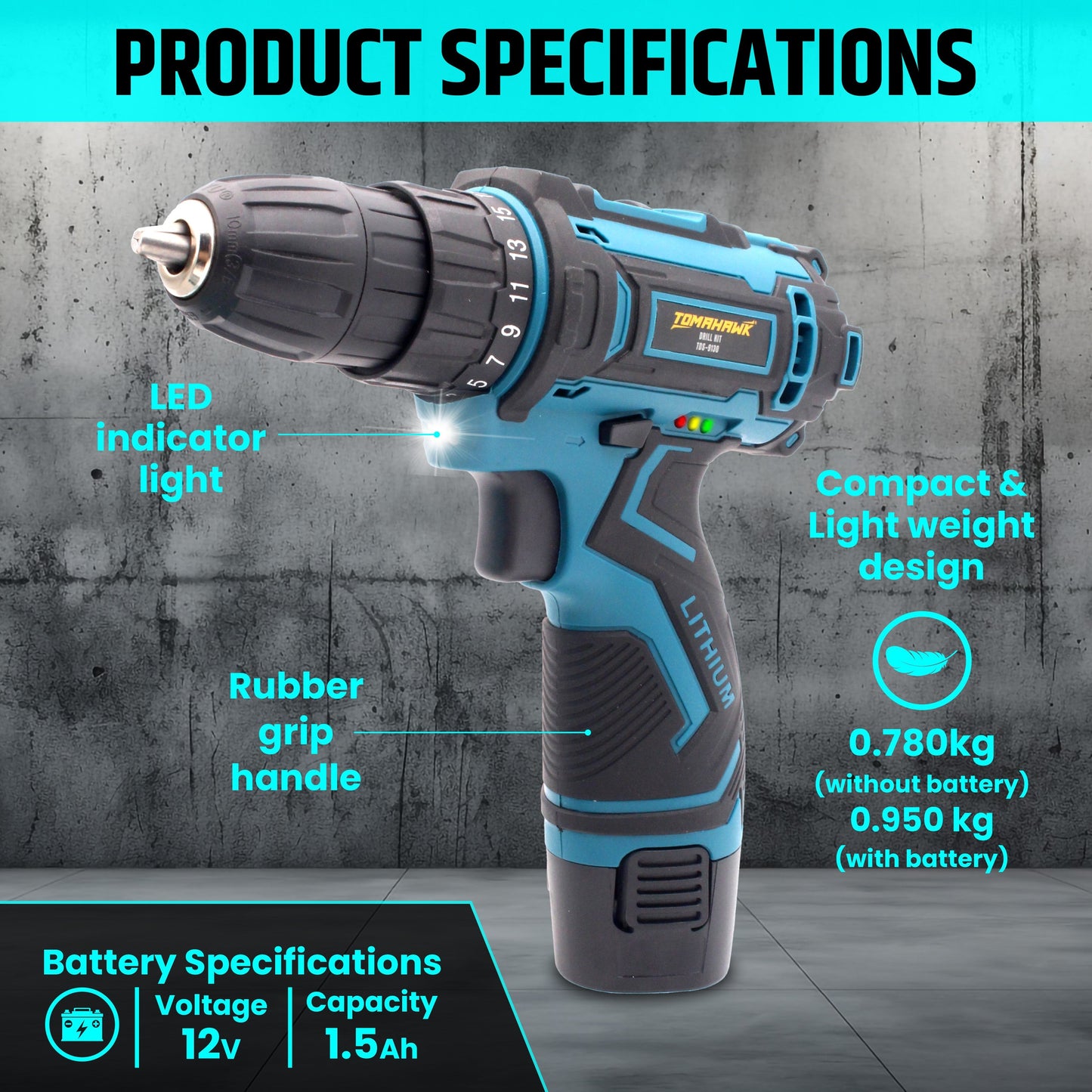 Cordless Drill/Screwdriver - 12V. 2-Speed. 1.5Ah Single Battery. 10mm Keyless Chuck - T9130
