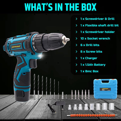 Cordless Drill/Screwdriver - 12V. 2-Speed. 1.5Ah Single Battery. 10mm Keyless Chuck - T9130