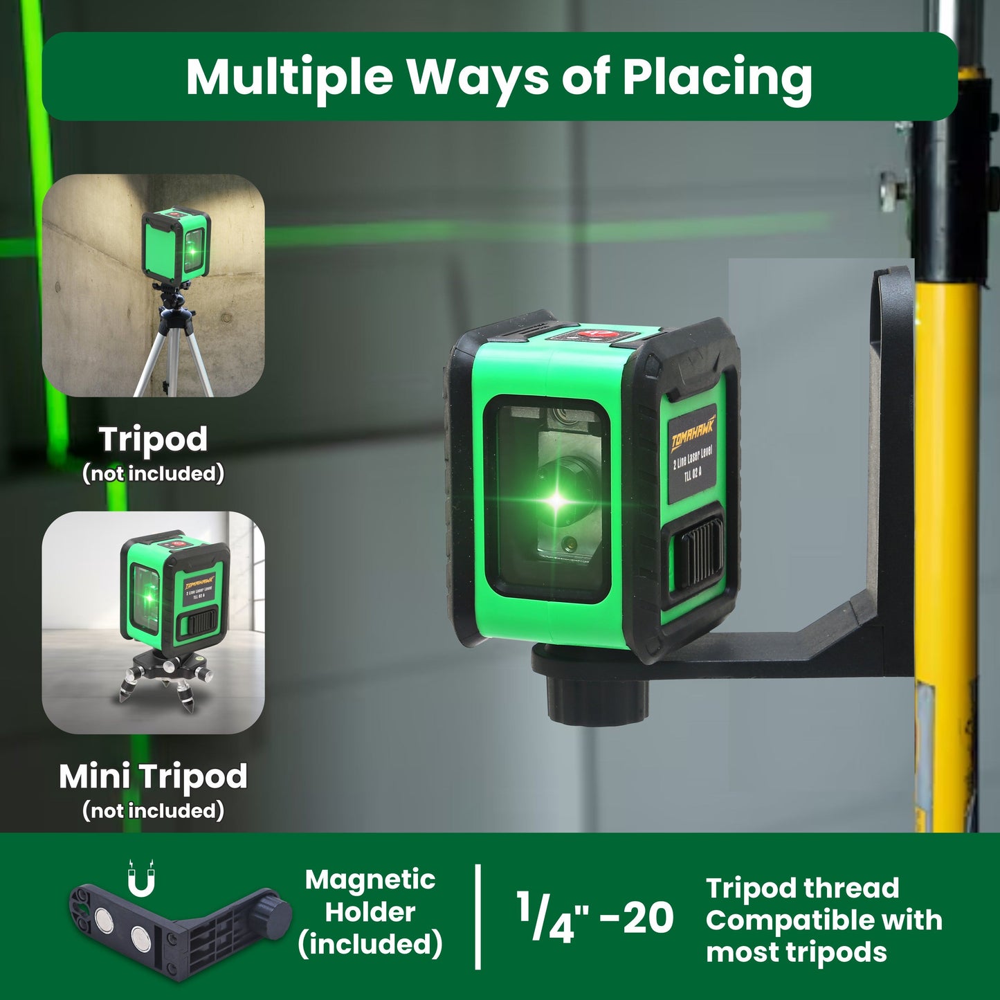 Line Laser Level - 2 Green Line Self-Levelling 98ft Cross - TLC-2315-2