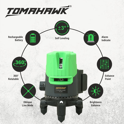 3D Line Laser Cross - 5-Line Self Leveling. Horizontal and Vertical Green Laser - Plastic Professional