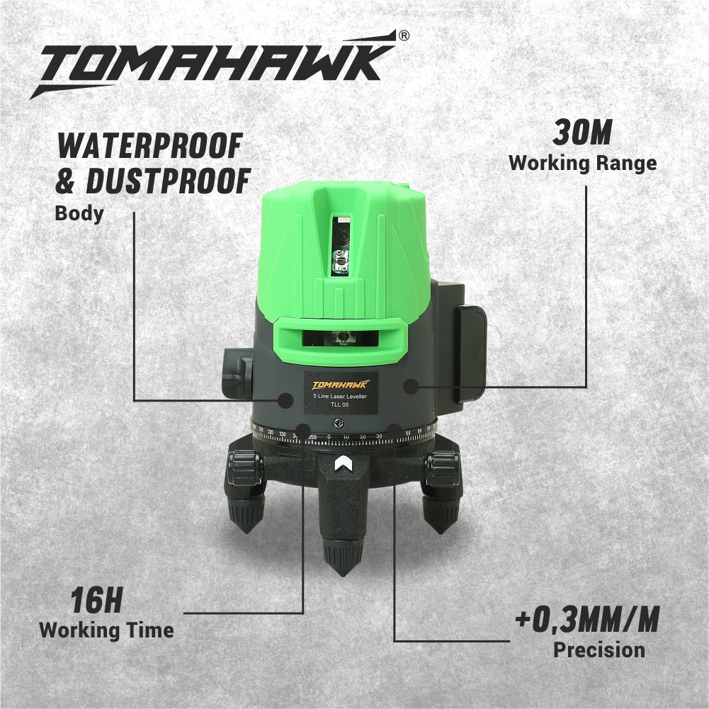 3D Line Laser Cross - 5-Line Self Leveling. Horizontal and Vertical Green Laser - Plastic Professional