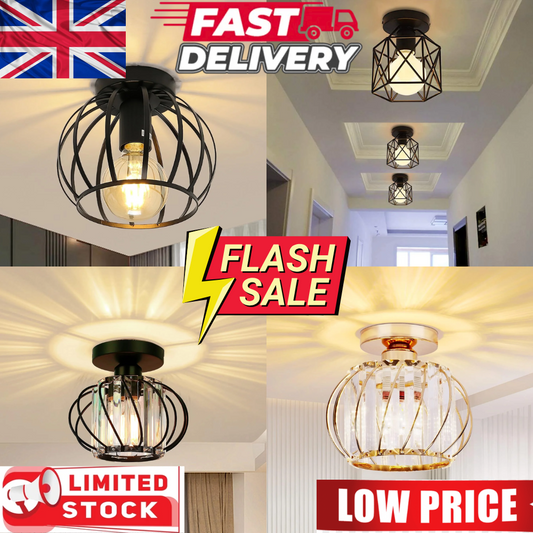 Vintage Semi Flush Ceiling Light – Black Metal Cage Fixture with E27 Holder for Living Room. Kitchen. Bedroom. or Hallway