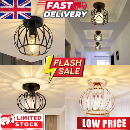Vintage Semi Flush Ceiling Light – Black Metal Cage Fixture with E27 Holder for Living Room. Kitchen. Bedroom. or Hallway