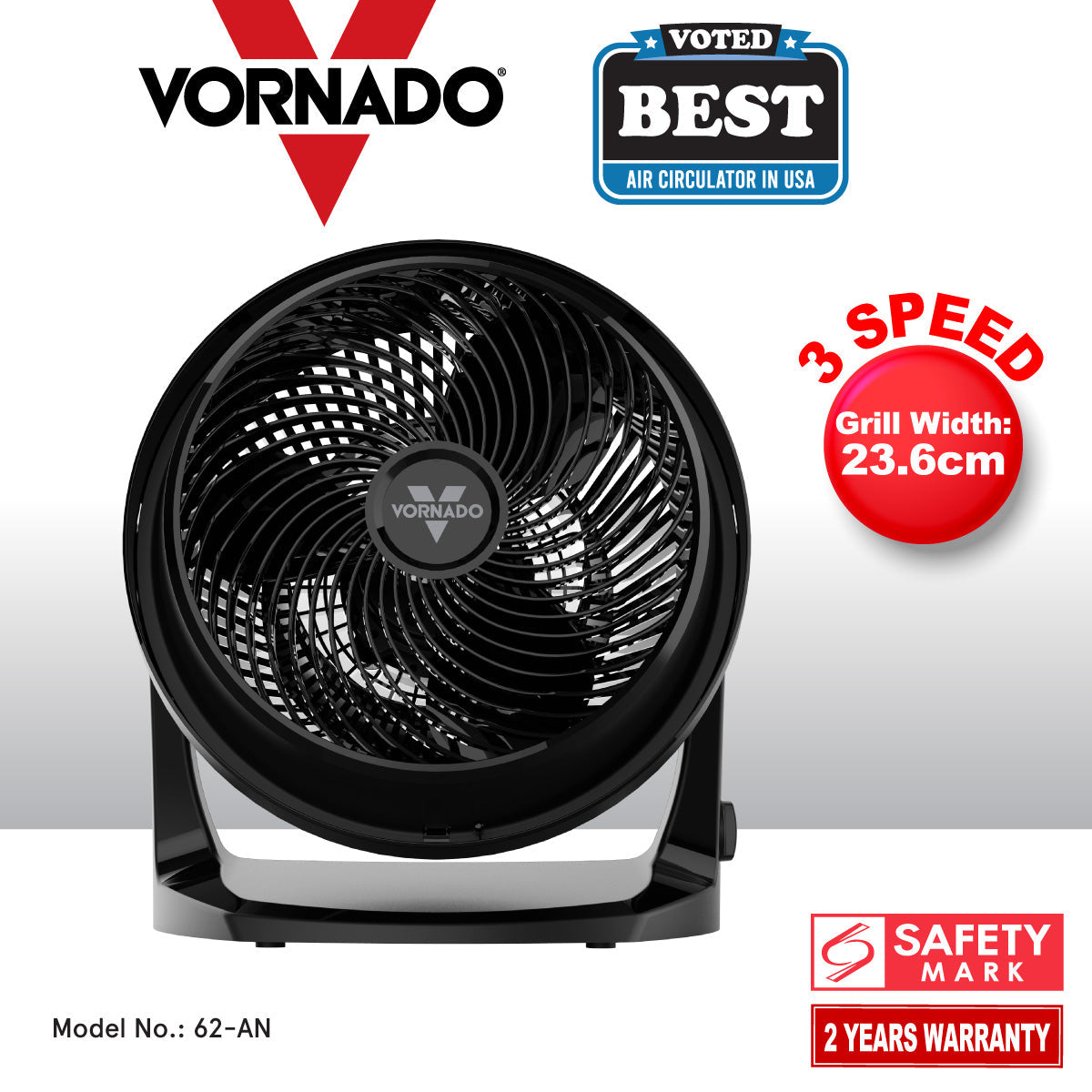 Vornado Whole Room Air Circulator – Powerful Vortex Action. 75-ft wind. Adjustable Tilt. Desk/Floor Fan. 3-Speed. black. 62-AN