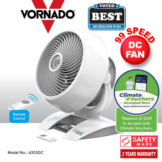 [CLIMATE VOUCHER $400] Vornado Energy Smart™ Air Circulator – Remote Control. Vortex Action. DC motor. Oscillation. Timer. 99-Speed. white. 6303DC