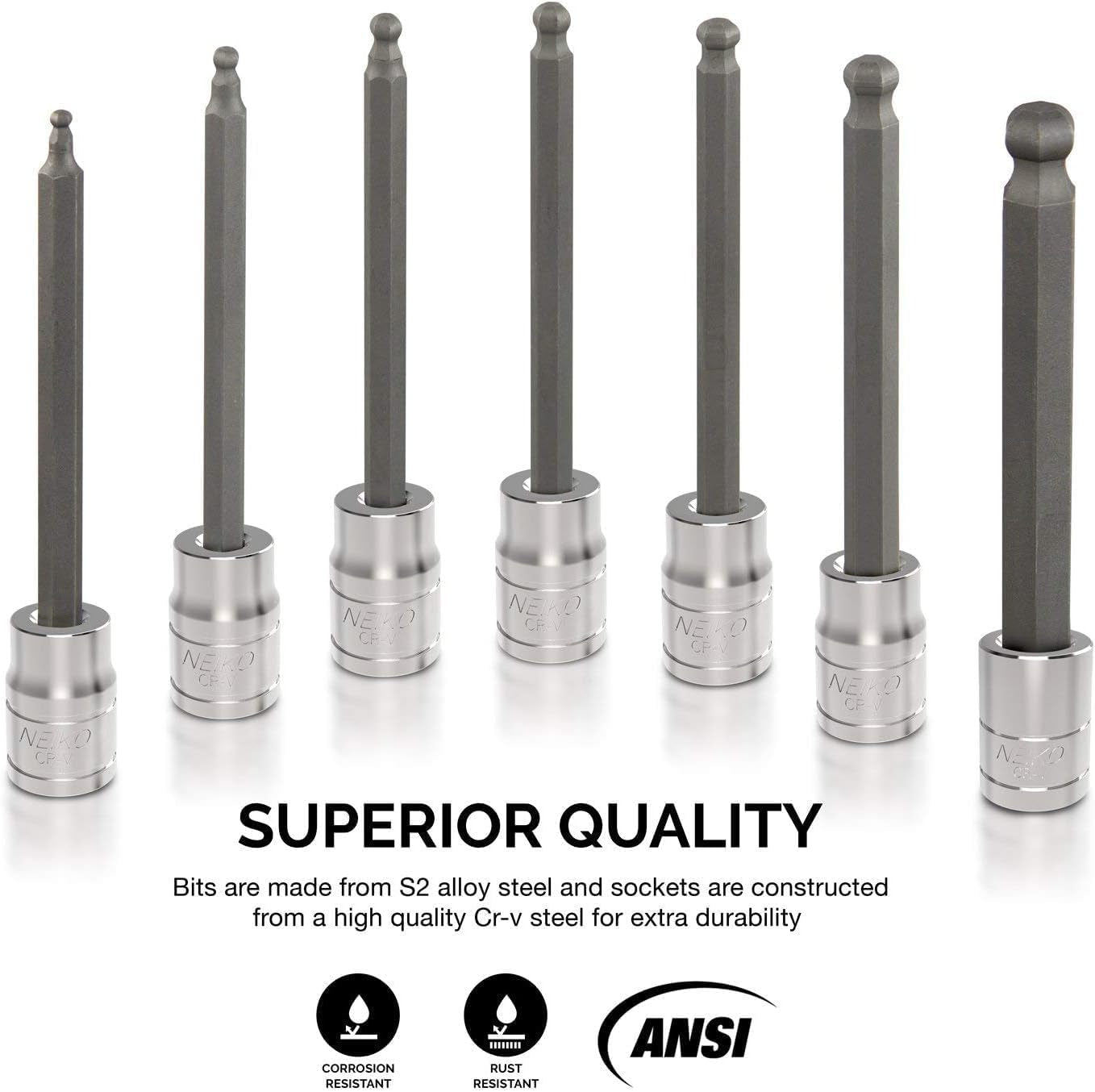 10072A 7-Piece Extra Long Allen Hex Bit Socket Set | 3/8-Inch Drive. SAE. Durable S2 & Cr-V Steel. 1/8-Inch to 3/8-Inch