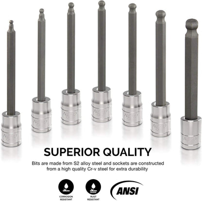 10072A 7-Piece Extra Long Allen Hex Bit Socket Set | 3/8-Inch Drive. SAE. Durable S2 & Cr-V Steel. 1/8-Inch to 3/8-Inch