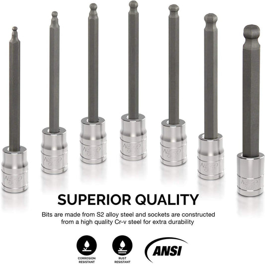 10072A 7-Piece Extra Long Allen Hex Bit Socket Set | 3/8-Inch Drive. SAE. Durable S2 & Cr-V Steel. 1/8-Inch to 3/8-Inch