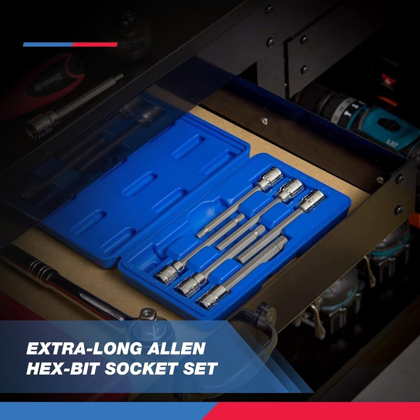 10072A 7-Piece Extra Long Allen Hex Bit Socket Set | 3/8-Inch Drive. SAE. Durable S2 & Cr-V Steel. 1/8-Inch to 3/8-Inch