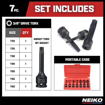 01132B 7-Piece Torx Star Driver Bit Socket Set | 3/8 Drive T20 to T60 | Durable Cr-Mo Impact Grade | 3 Length