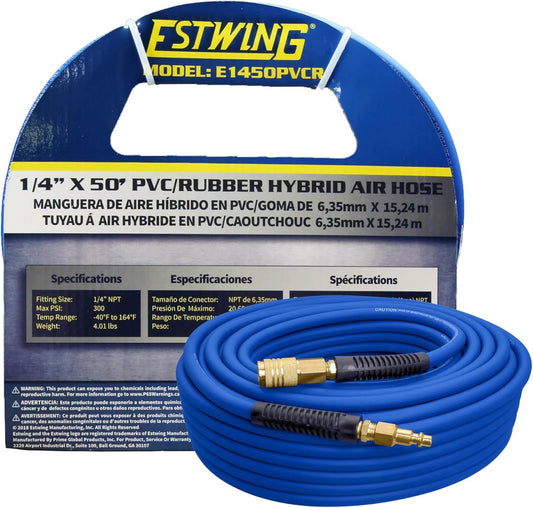 1/4 x 50' PVC/Rubber Hybrid Air Hose with Brass Fitting & Quick Connect Coupler - Durable & Flexible Performance!