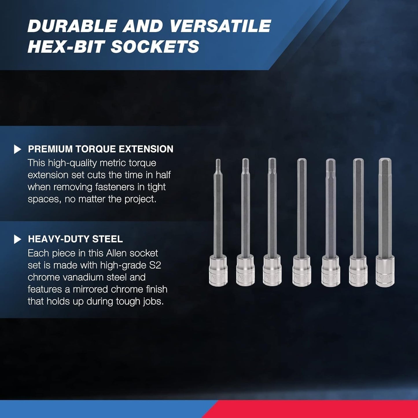 10072A 7-Piece Extra Long Allen Hex Bit Socket Set | 3/8-Inch Drive. SAE. Durable S2 & Cr-V Steel. 1/8-Inch to 3/8-Inch