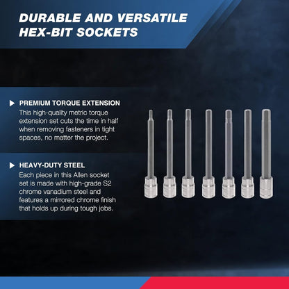 10072A 7-Piece Extra Long Allen Hex Bit Socket Set | 3/8-Inch Drive. SAE. Durable S2 & Cr-V Steel. 1/8-Inch to 3/8-Inch