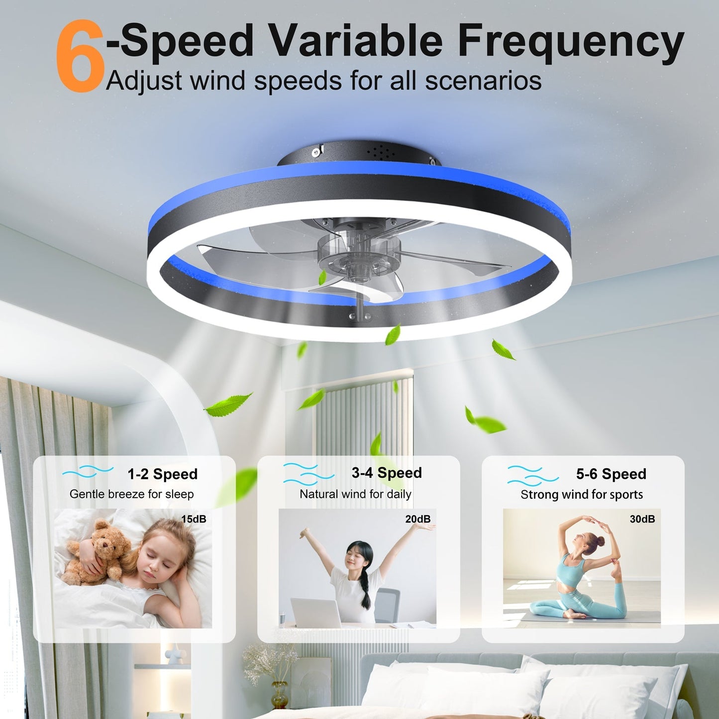 19.7 RGB Flush Mount Ceiling Fan with Light for Bedroom