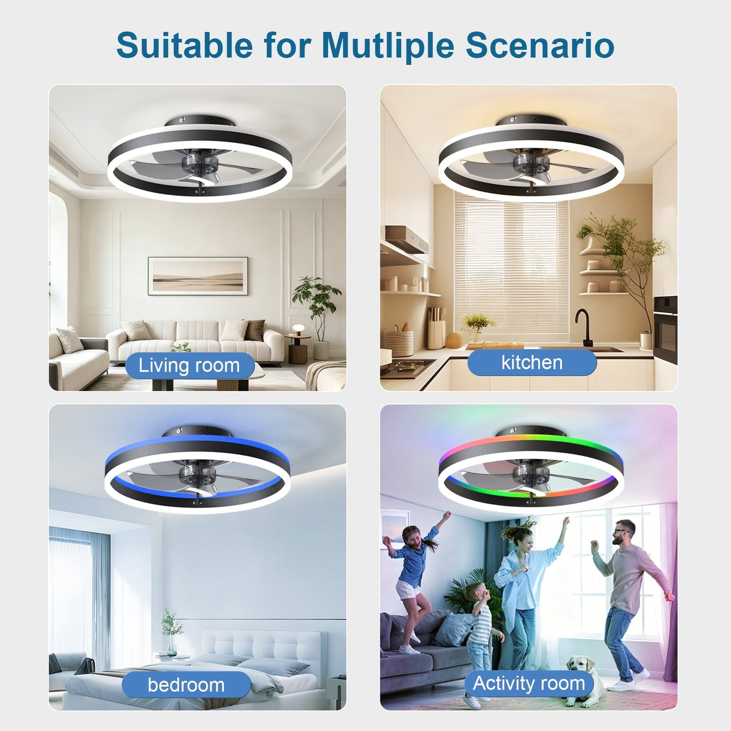 19.7 RGB Flush Mount Ceiling Fan with Light for Bedroom